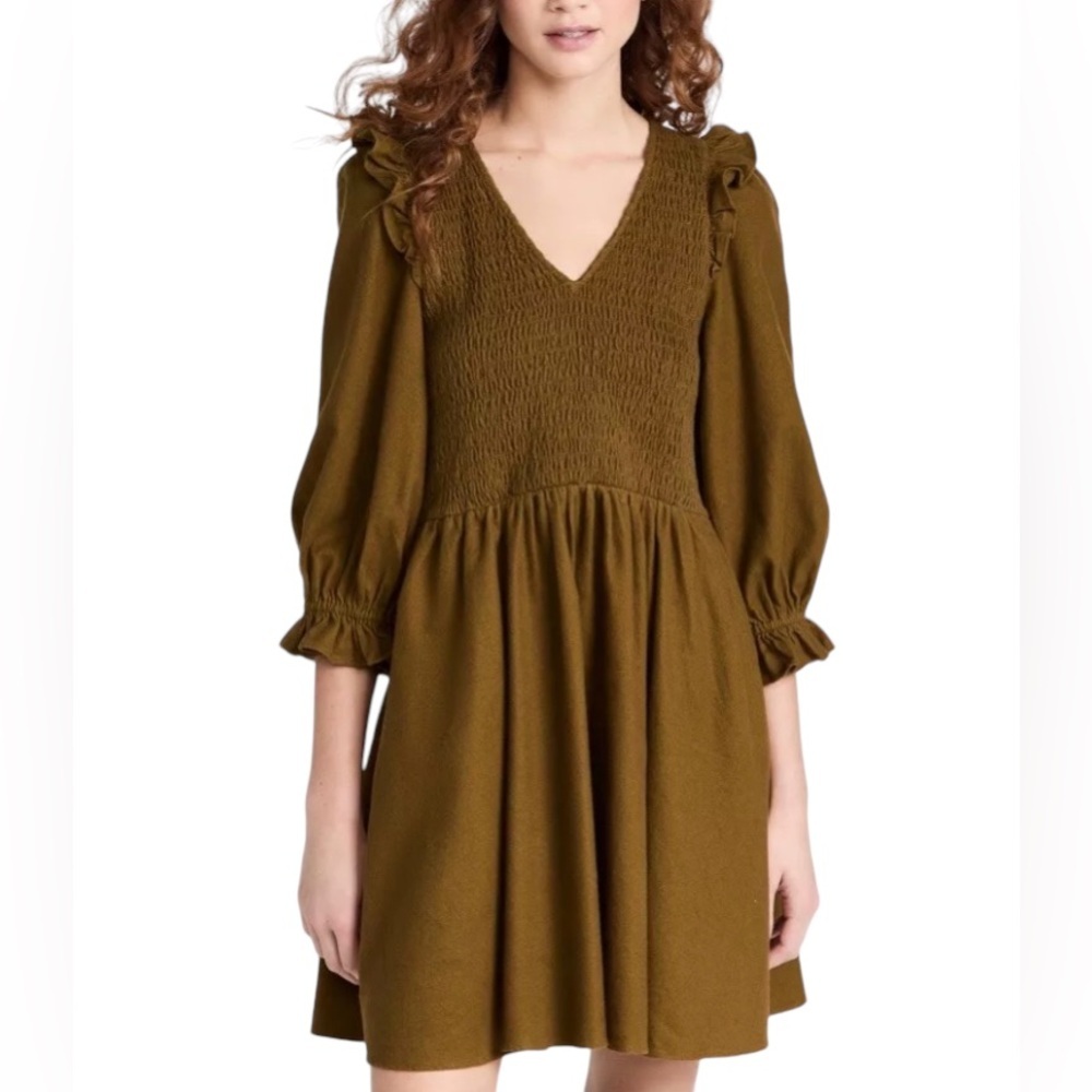 Madewell Olive Green V-Neck Smocked Ruffle Sleeve Dress